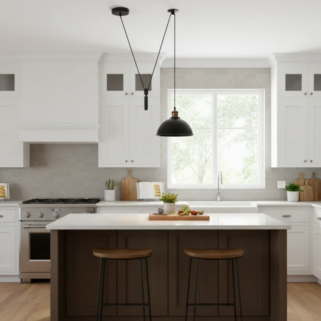 Black metal shaded 2m pulley light with adjustable cord and industrial vintage design hanging from ceiling