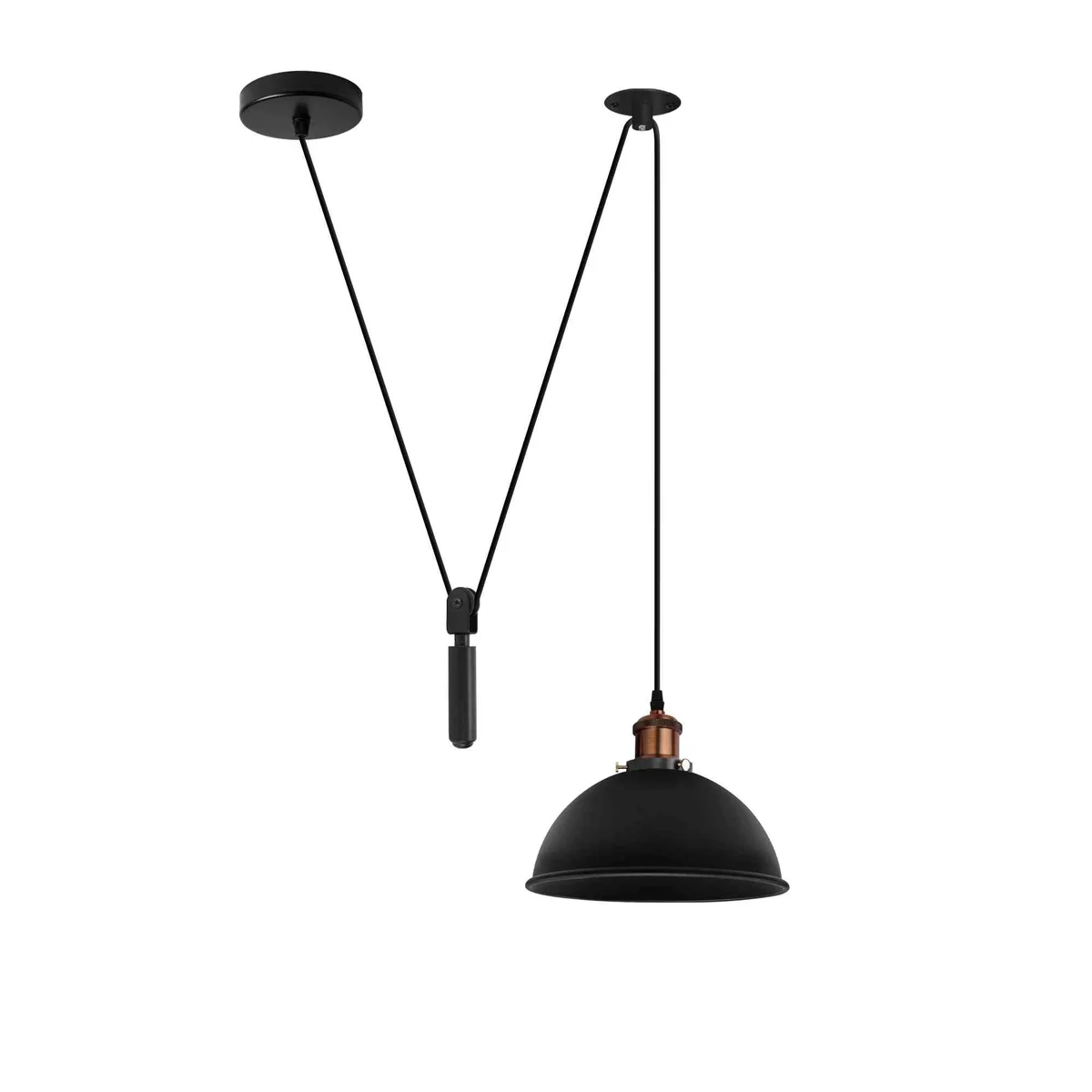 Black metal shaded adjustable pendant light with 2m pulley system hanging from ceiling in industrial style room