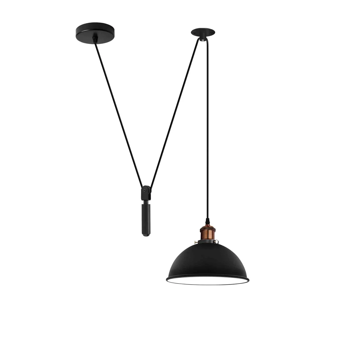 Black metal shaded adjustable pendant light with 2m pulley system hanging over a kitchen island