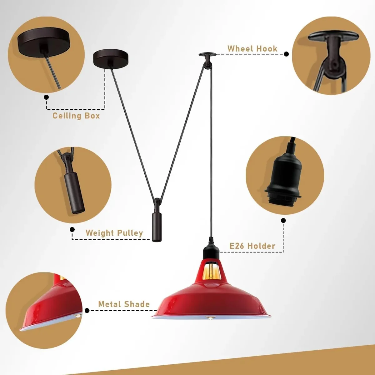 Metal shaded vintage kitchen pendant light with adjustable 2M pulley system hanging over kitchen island