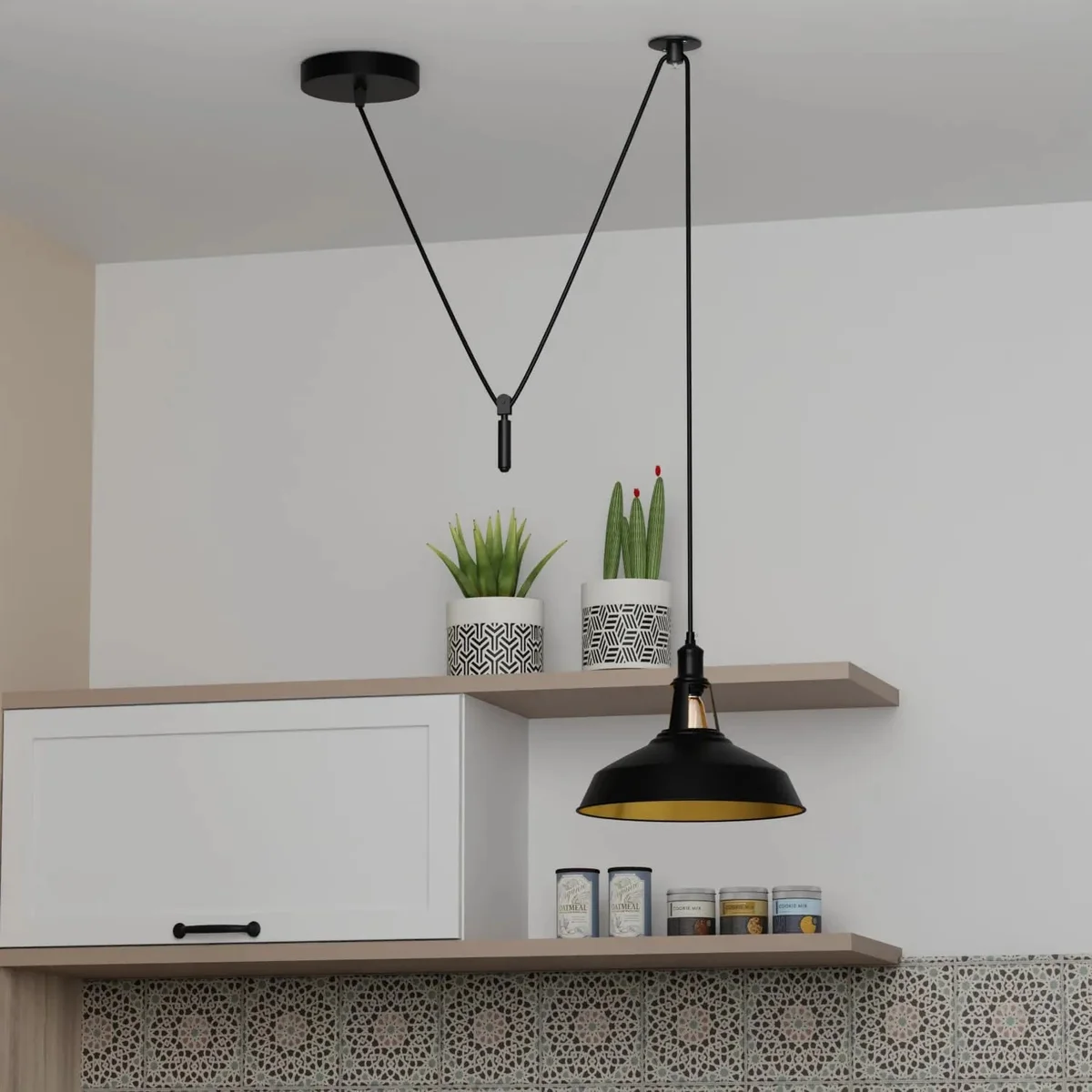Dimmable ceiling pendant light with adjustable 2m metal pulley and shaded dome, ideal for kitchen island lighting