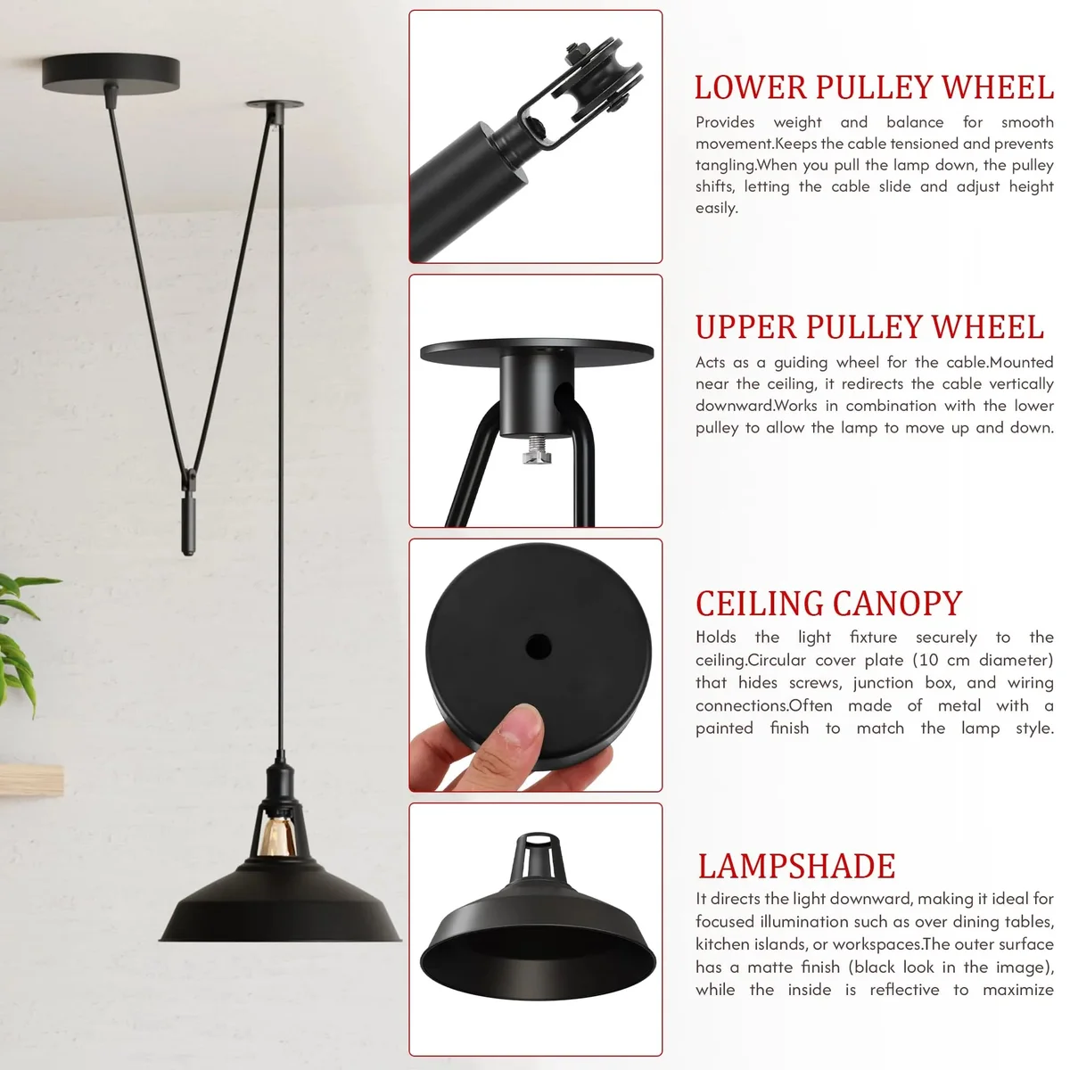 Industrial metal pulley pendant light with dome shade hanging from 2m adjustable cord light in modern kitchen setting