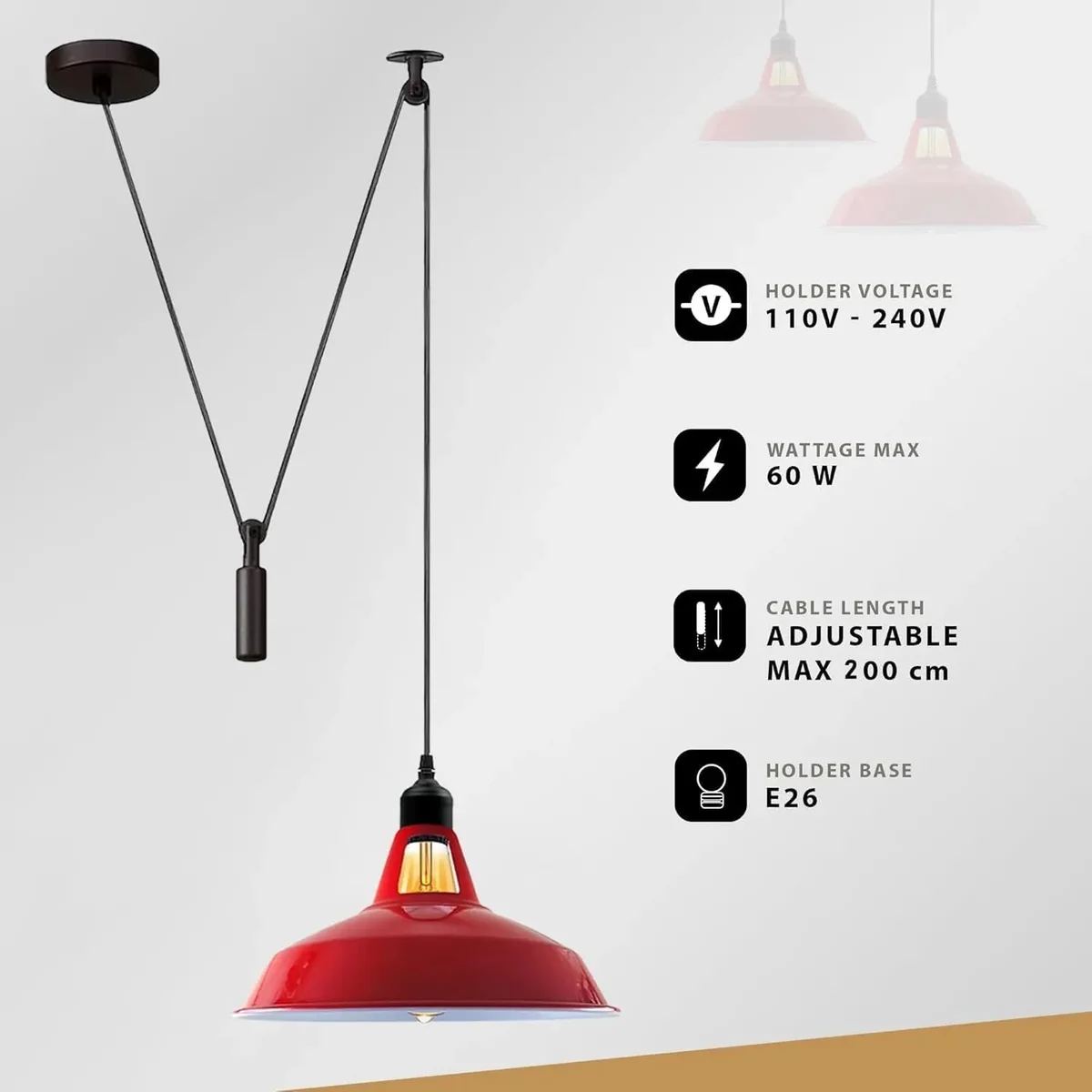Industrial pulley pendant light with metal dome shade hanging above kitchen island, showing adjustable 2m cord and pulley system