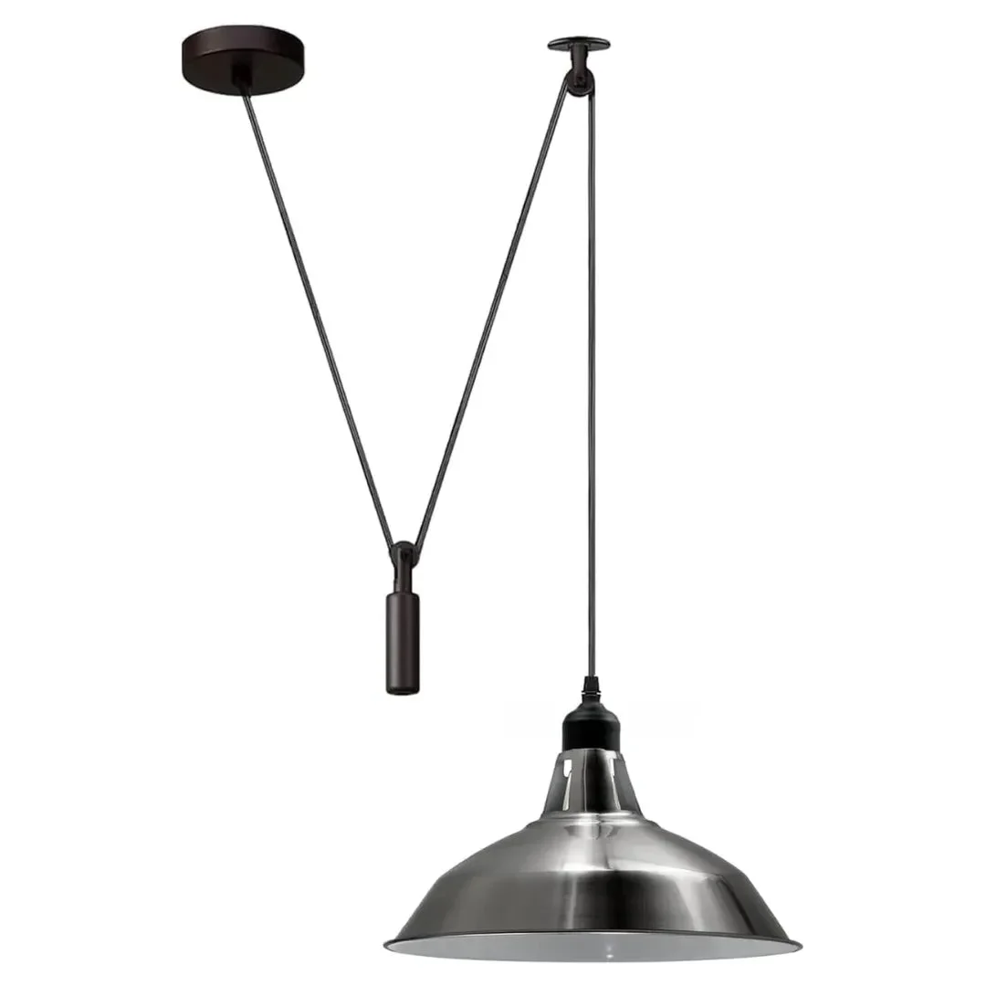 Industrial pulley pendant light with metal shaded dome and 2m adjustable cord hanging over kitchen island