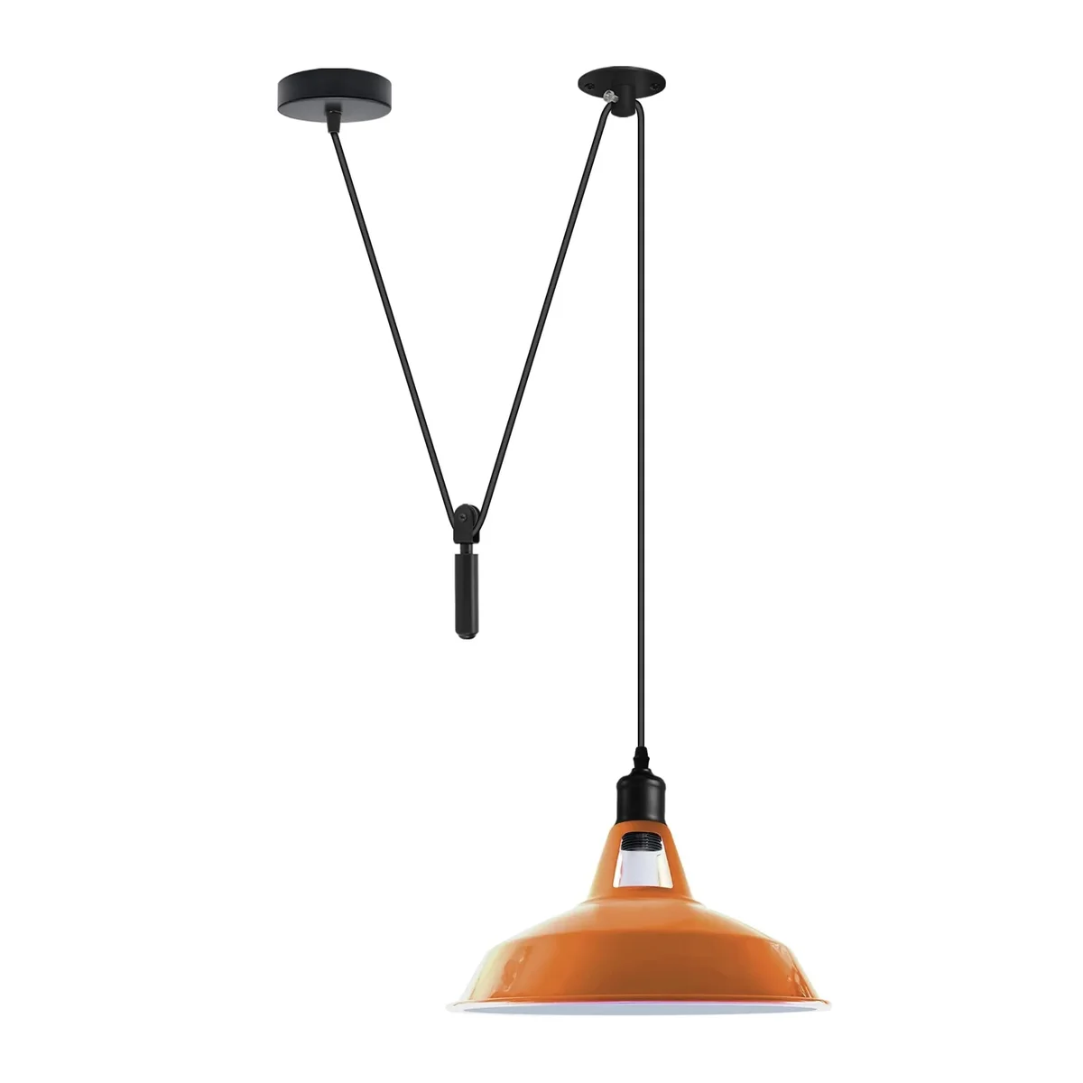 Industrial pulley pendant light with metal dome shade hanging over a kitchen island, adjustable 2m cord visible