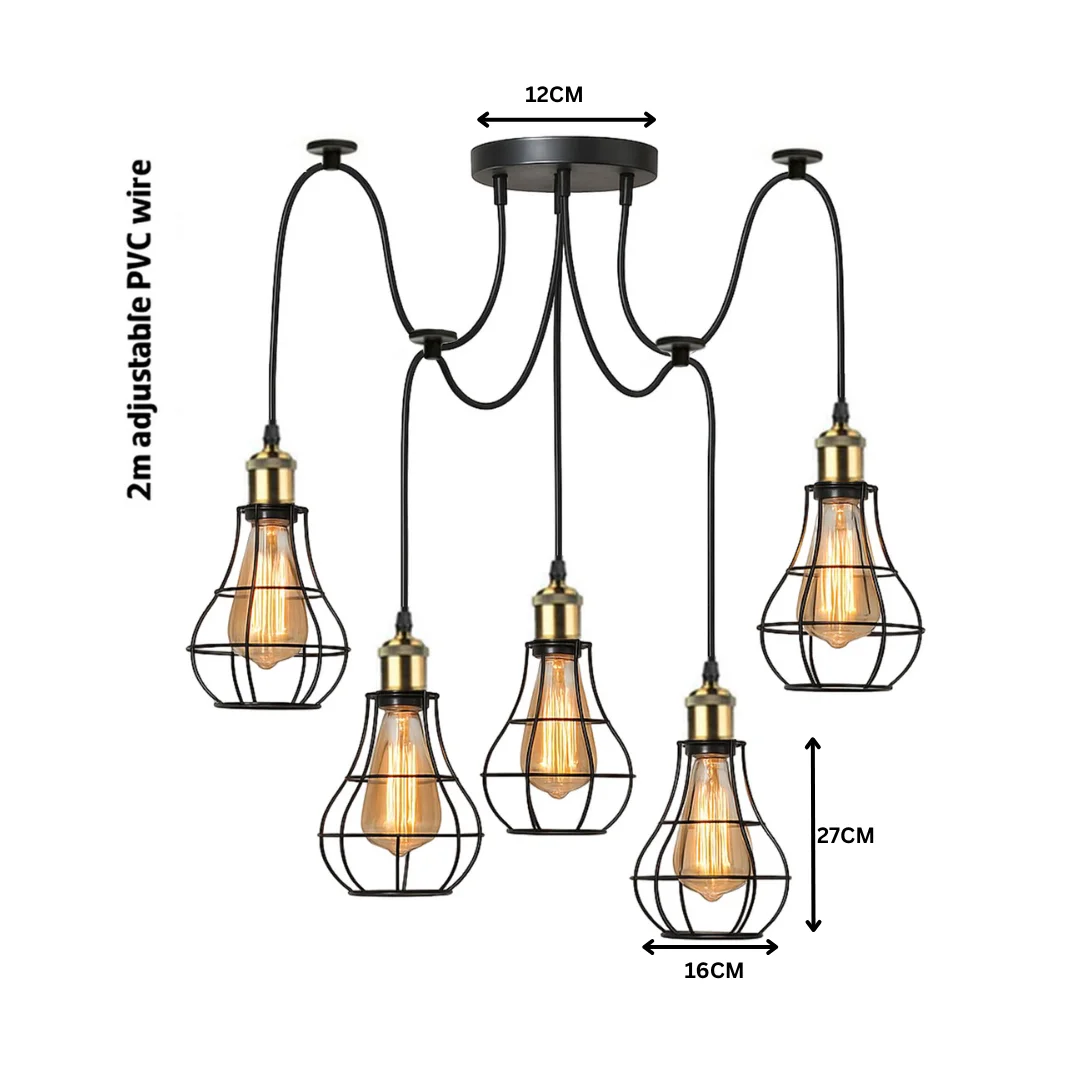 Black 5 way spider ceiling light with metal cages and 2m PVC cables, designed for indoor and outdoor use