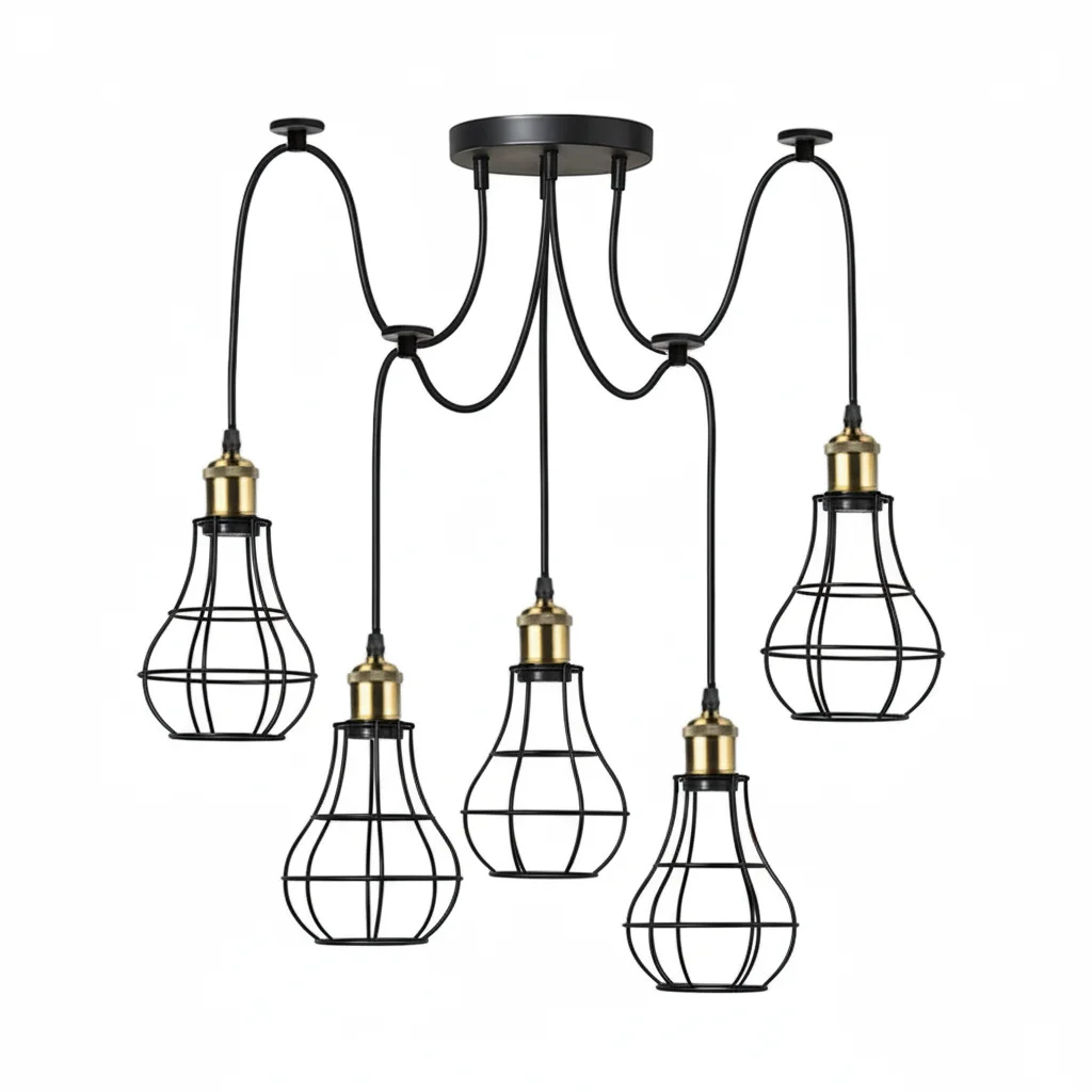 Black 5-way E27 ceiling pendant light with metal cages and 2m PVC cables hanging from ceiling plate