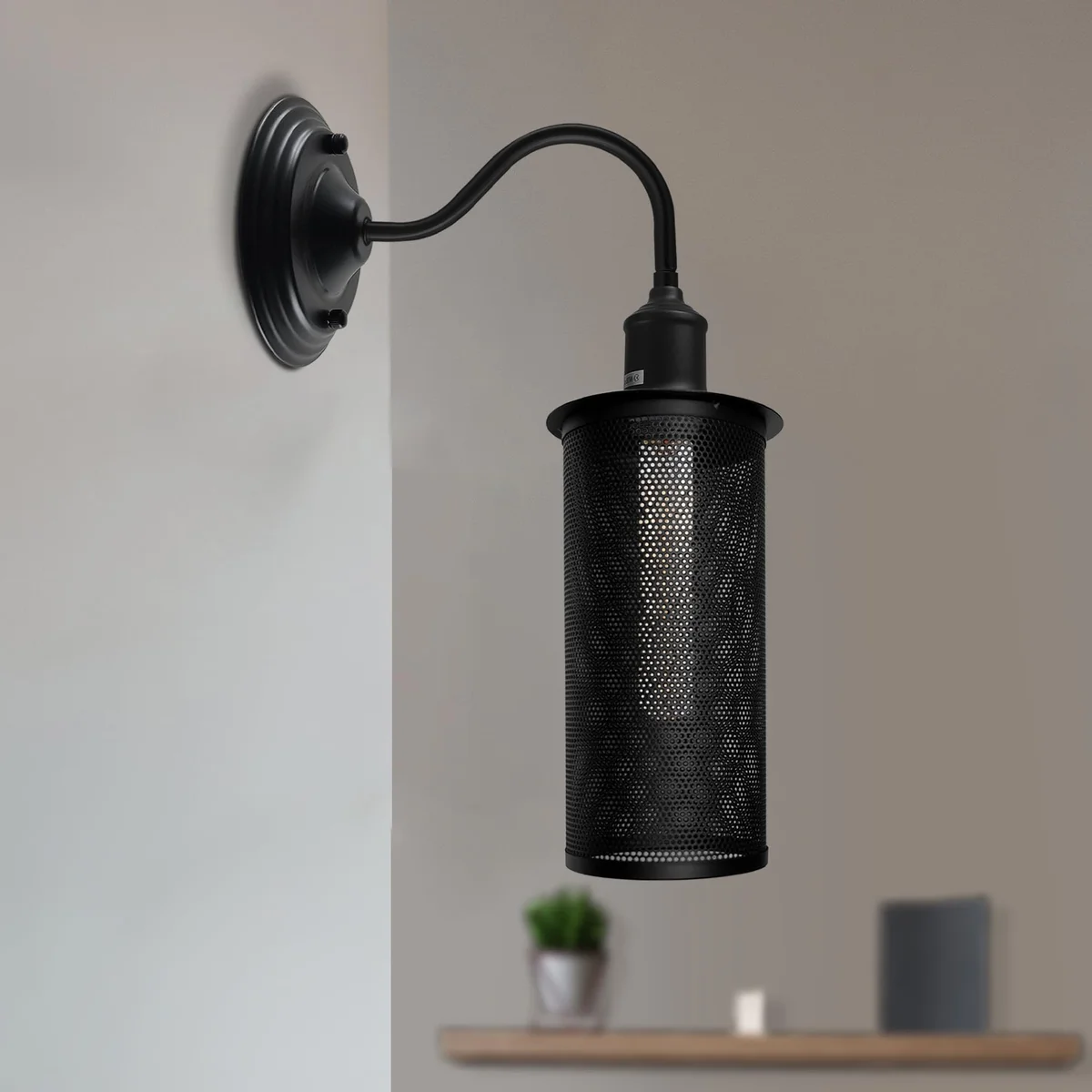 Vintage metal dome-shaped dimmable wall lamp with swan neck arm, ideal for indoor use in living spaces and cafes