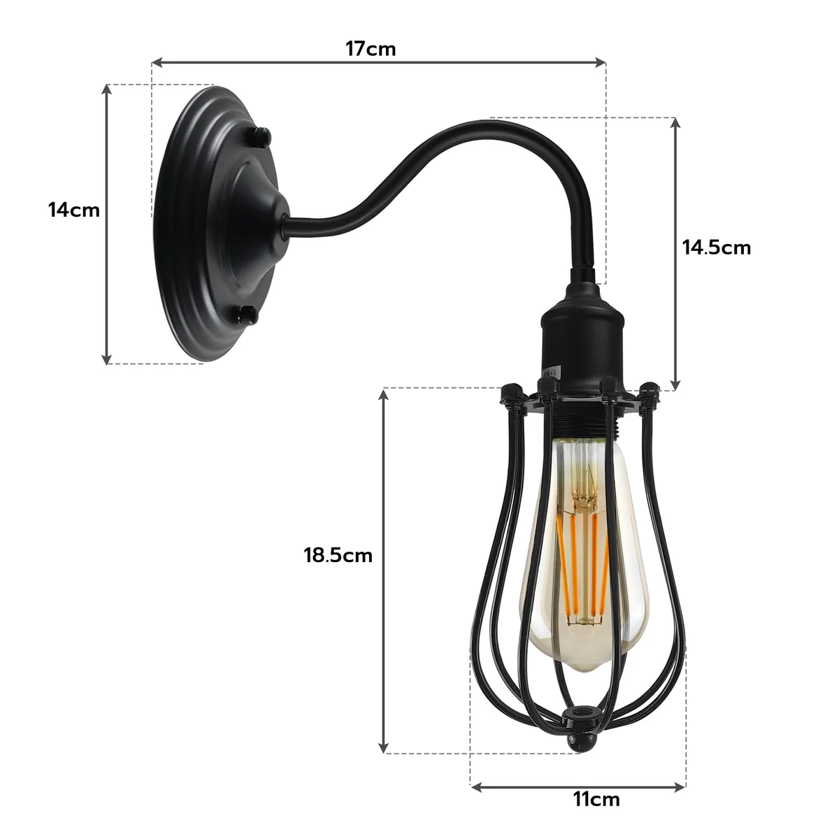 Vintage wall sconce with curved metal dome shade and swan neck arm, wall-mounted industrial style light fixture