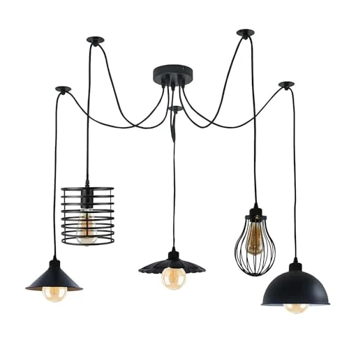 Modern industrial pendant ceiling light with five metal cage shades hanging from adjustable cables on a round ceiling plate