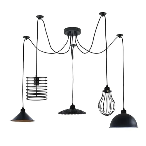 Modern industrial 5 light pendant with five adjustable metal cage shades hanging from a round ceiling plate