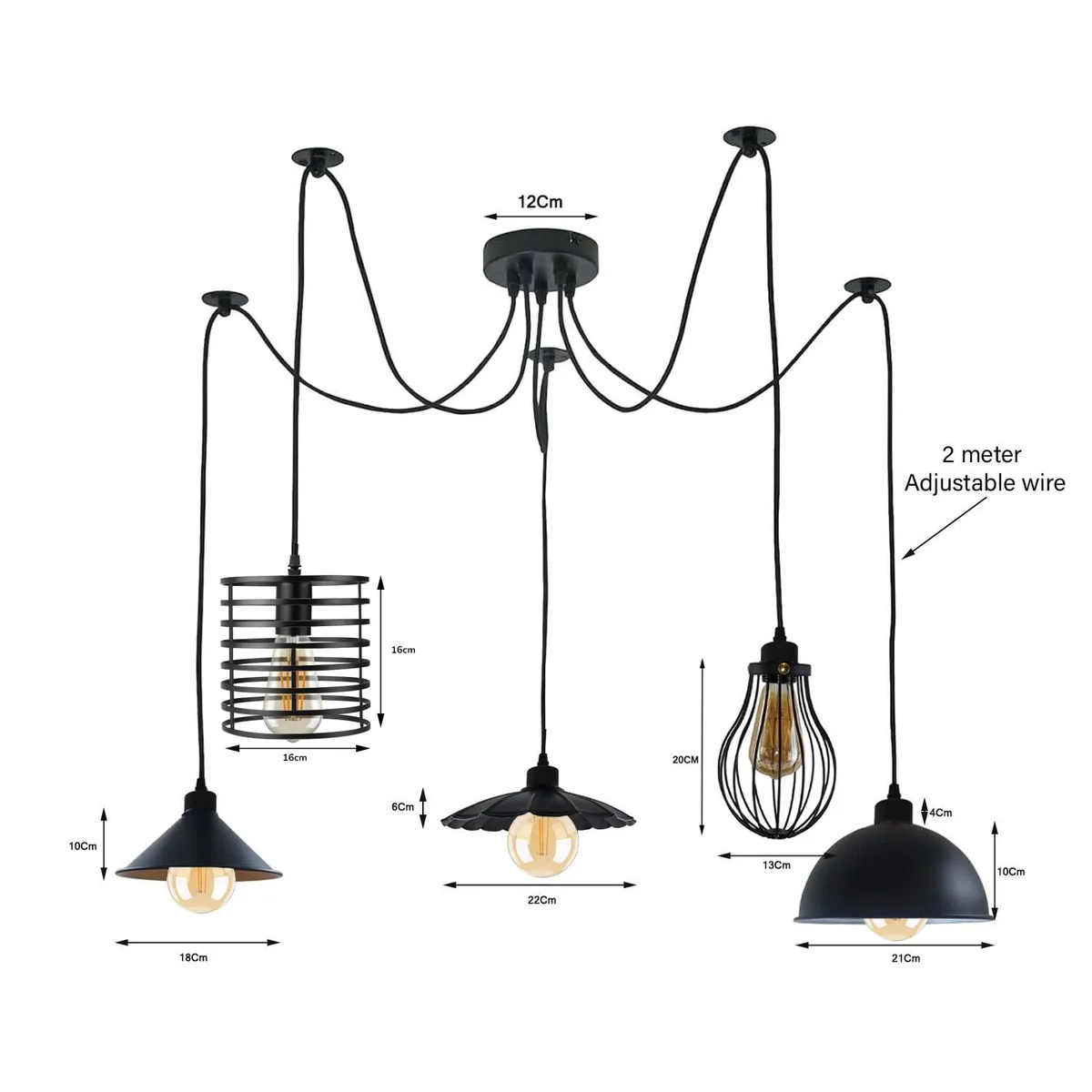 Modern industrial 5-light pendant ceiling fixture with metal wire cages and adjustable cables, featuring E27 bulb pendant design