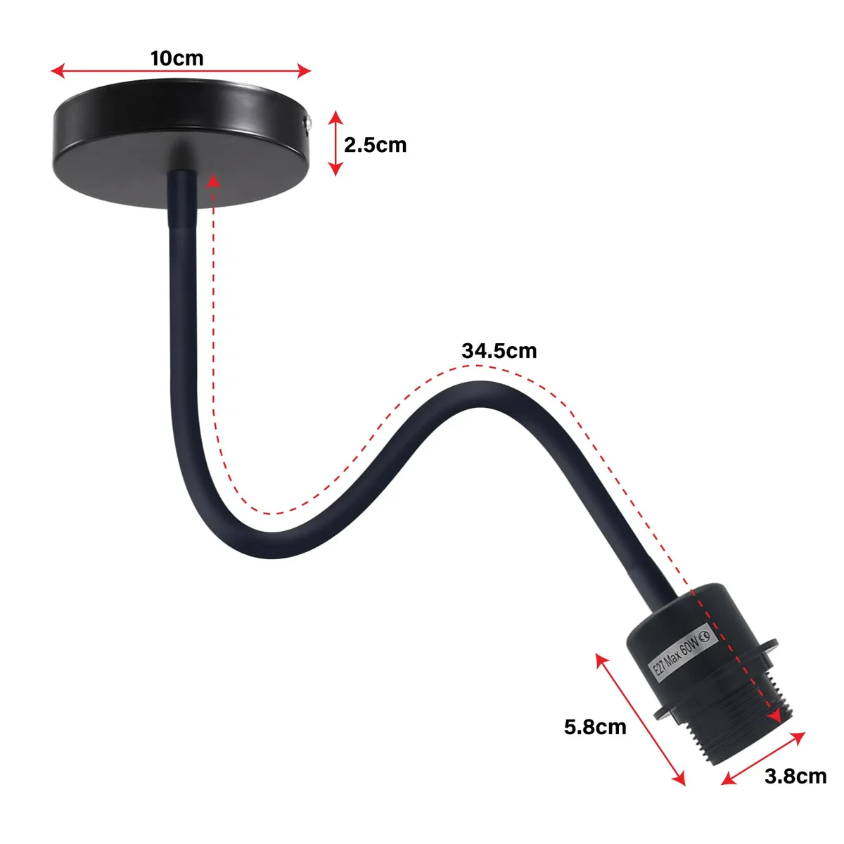 Black metal wall sconce with flexible swan neck arm mounted on white wall, E27 bulb base visible