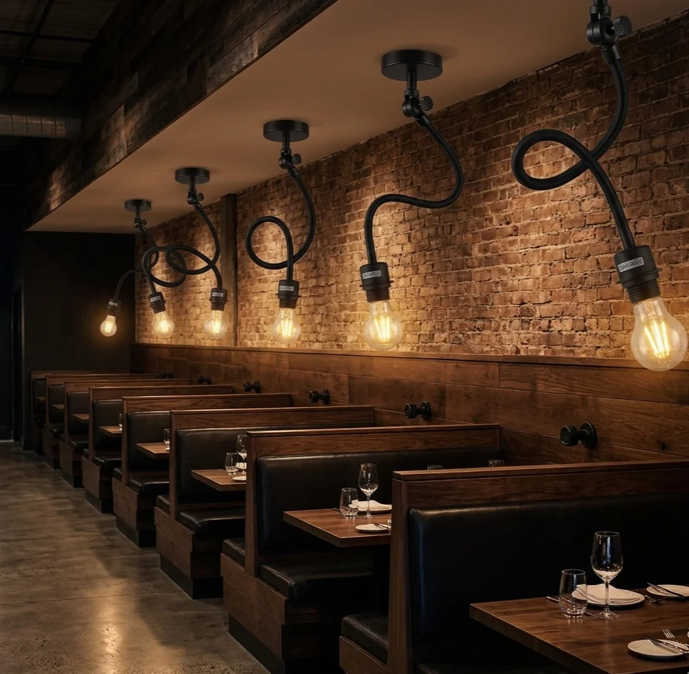 Flexible black metal swan neck wall sconce with 34.5cm arm, E27 bulb compatible light for bedside reading