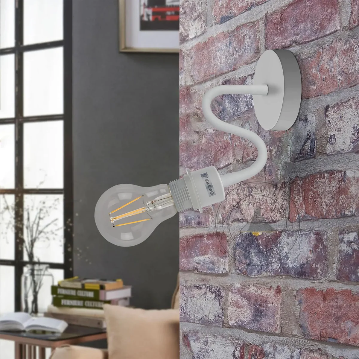 Flexible bedside reading light in matte black with adjustable 34.5cm swan neck arm mounted on a wall