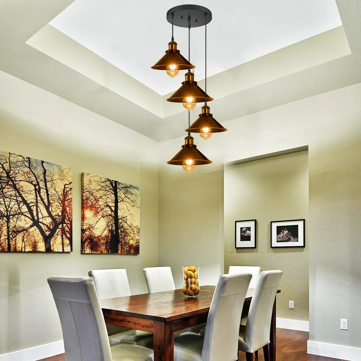 Black and gold vintage cluster ceiling light with four dome shades and adjustable base for sloped ceilings