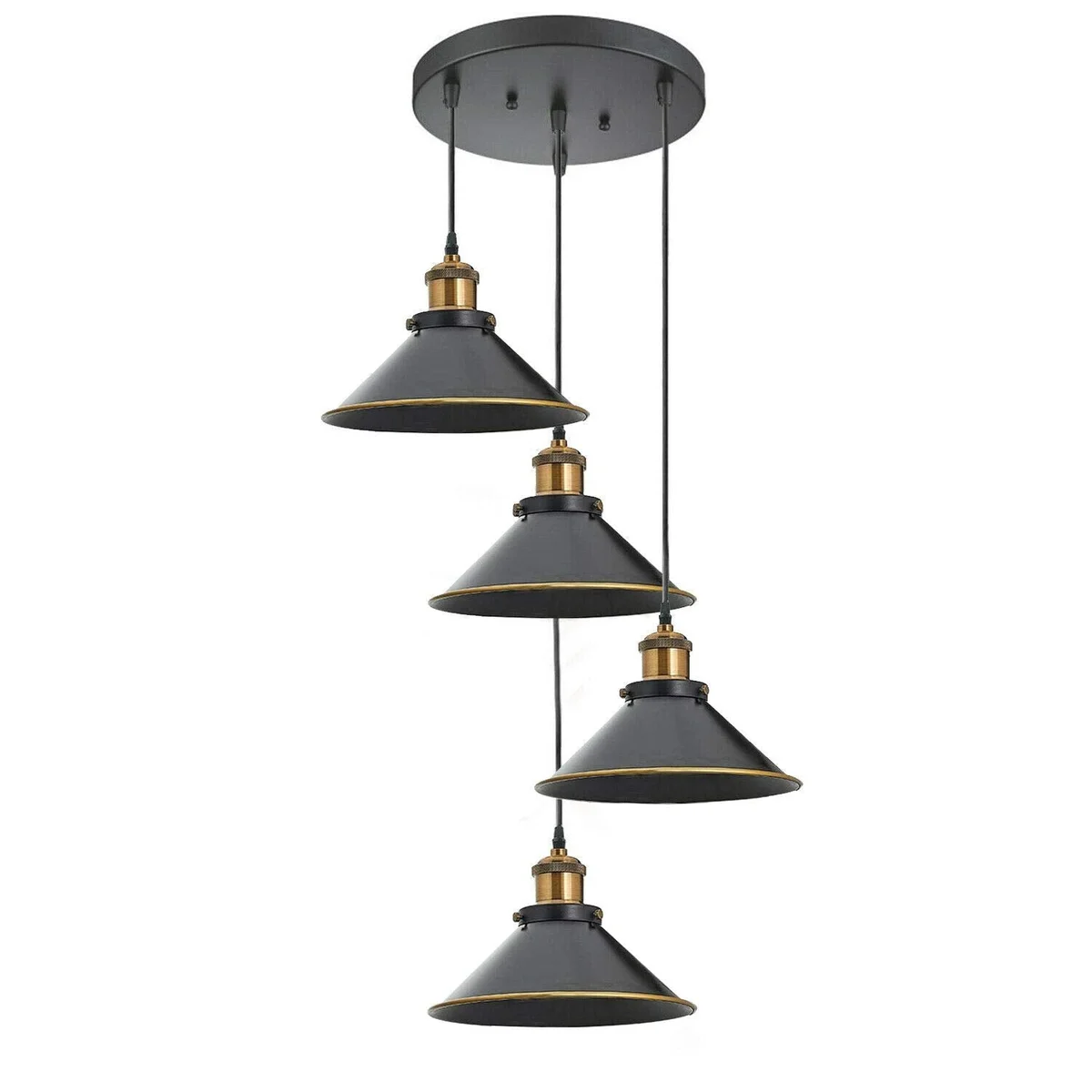 Black dome pendant cluster with gold finish ceiling light and four adjustable lampshades hanging from black cables