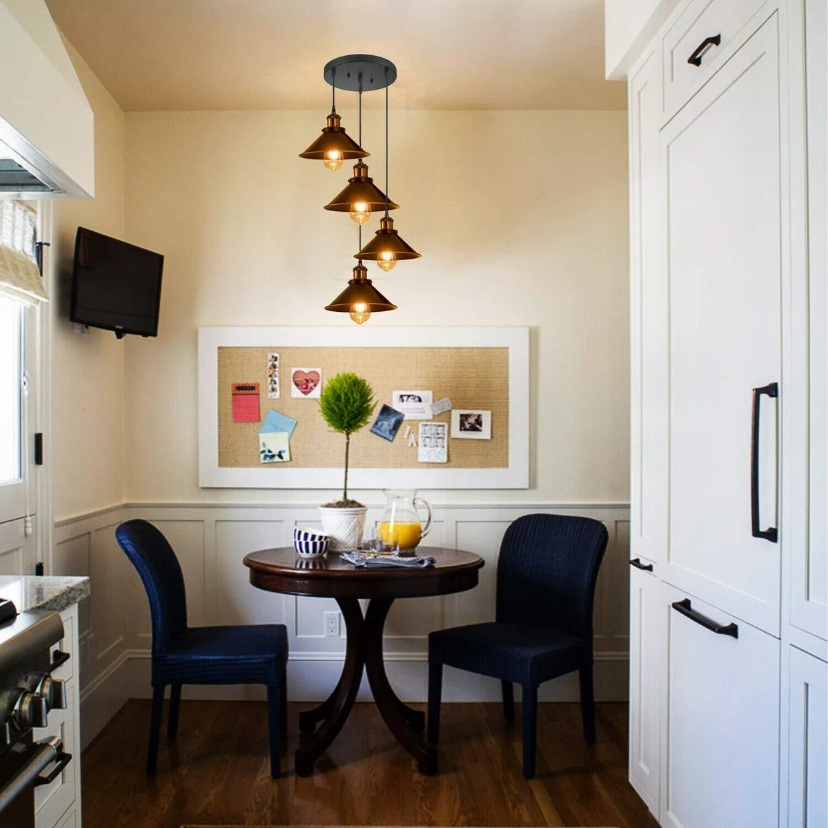Black and gold dome pendant ceiling light with four angled lamp holders and cables on a white background