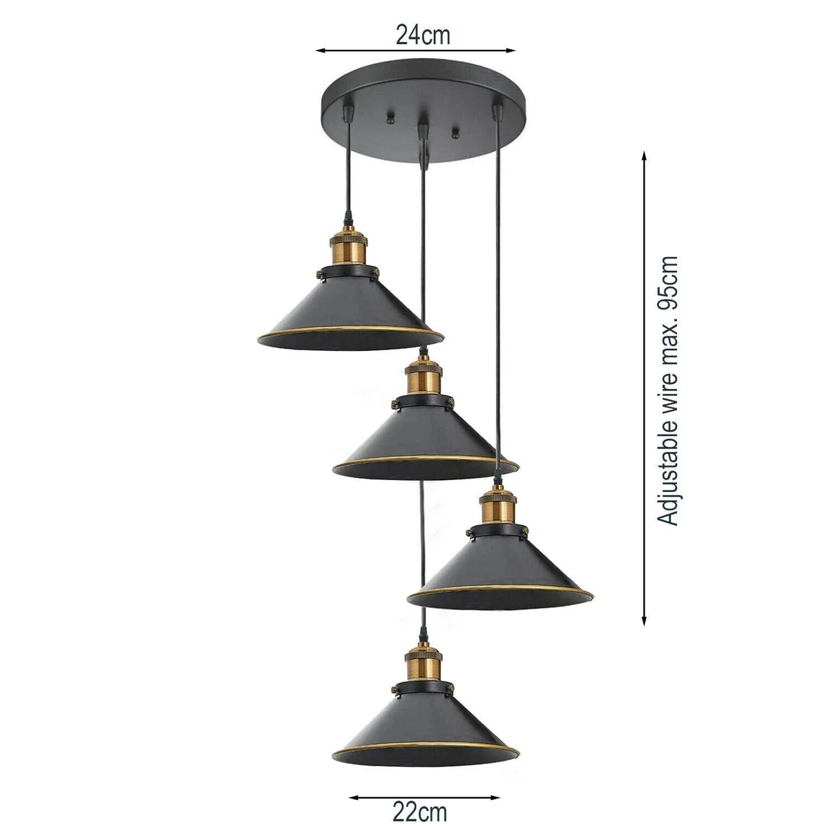 Black and gold vintage cluster ceiling light fitting with four E27 lamp base light fitting shades hanging from black cables