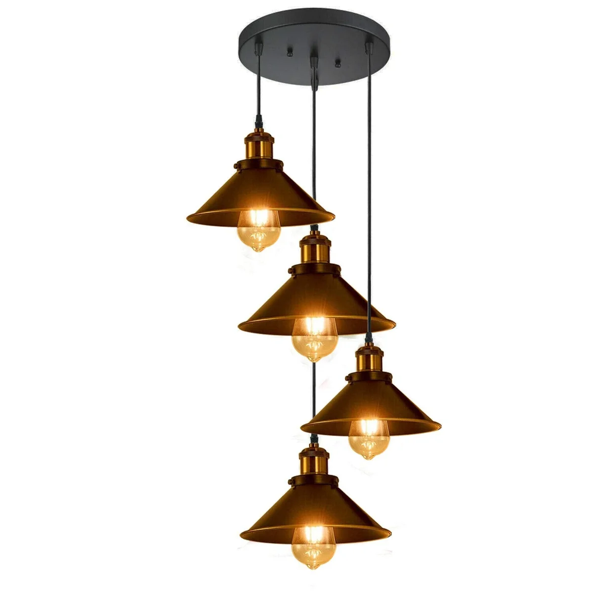 Black and gold adjustable sloped ceiling light with four E27 lamp holders and angled dome shades hanging over kitchen island