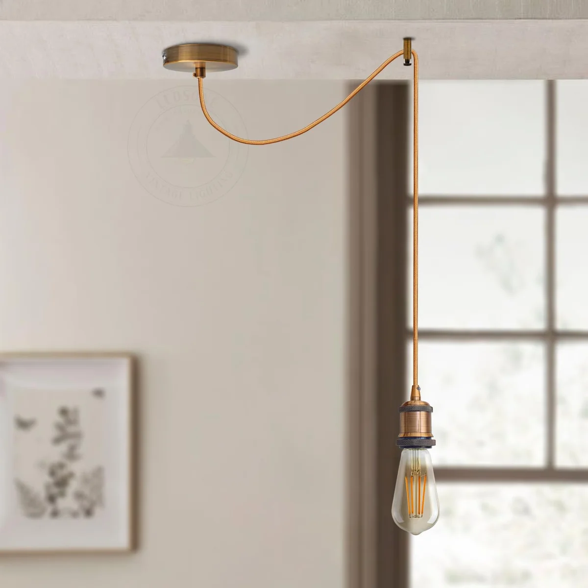 Industrial ceiling pendant light with vintage spider design, metal frame, and adjustable 2m fabric cable hanging from ceiling