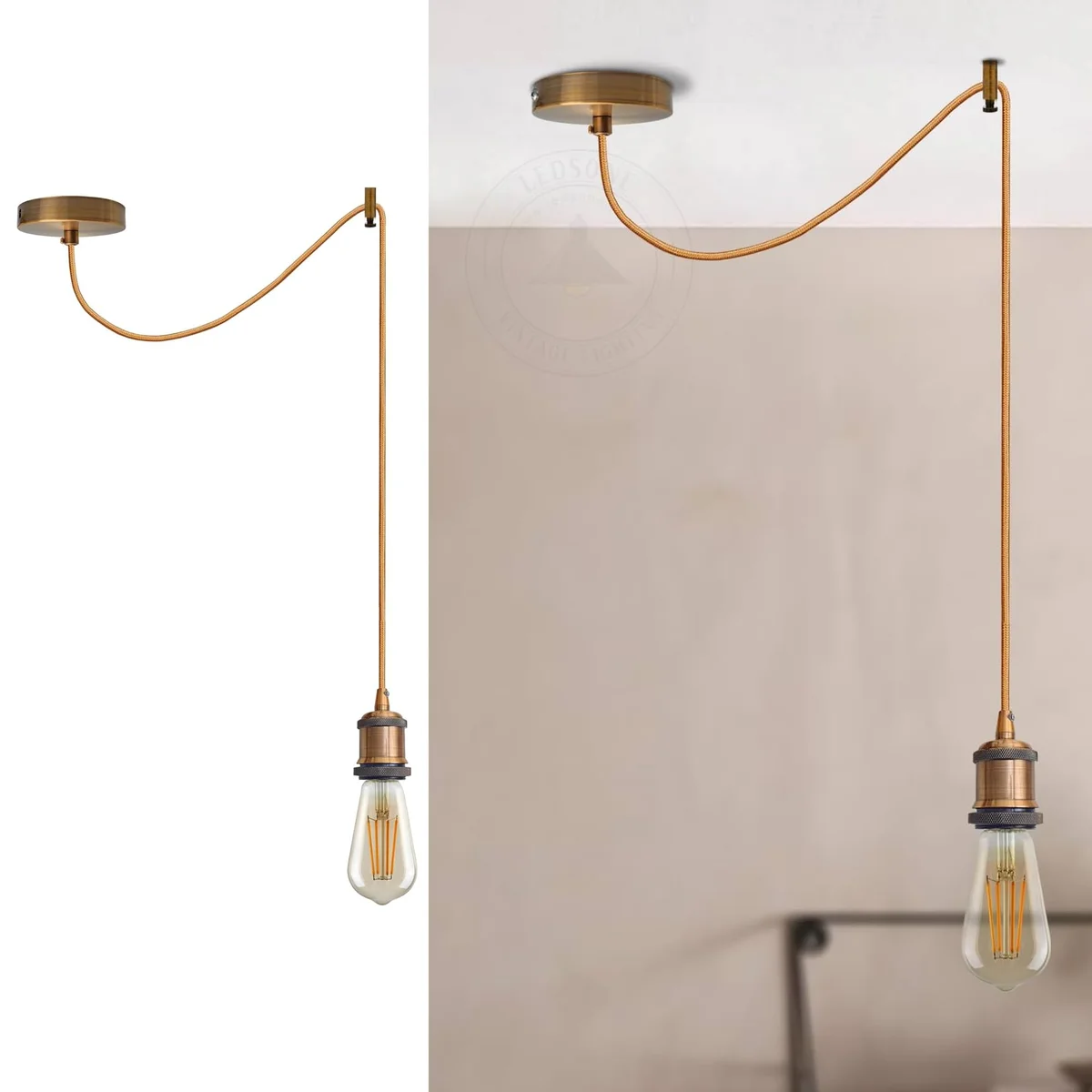 Industrial ceiling pendant light with vintage spider design, metal finish, and adjustable 2m fabric cable hanging indoors