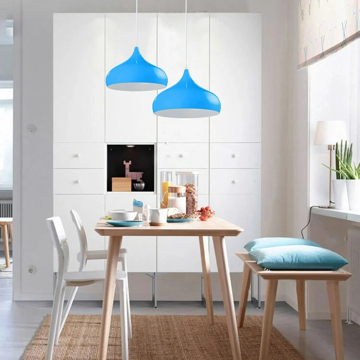 Metal industrial vintage chandelier with curved dome shade, colourful finish, E27 bulb holders, two pendant lights on a ceiling