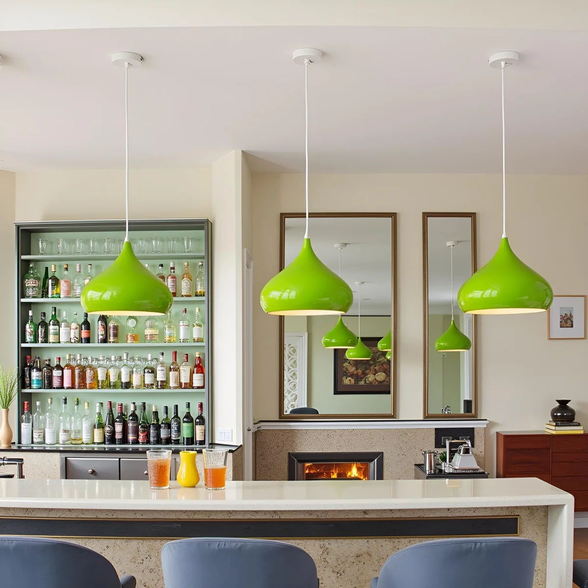 Vintage pendant lighting with metal body, curved dome shade, colourful finish, dimmable E27 base, ready for ceiling mounting.