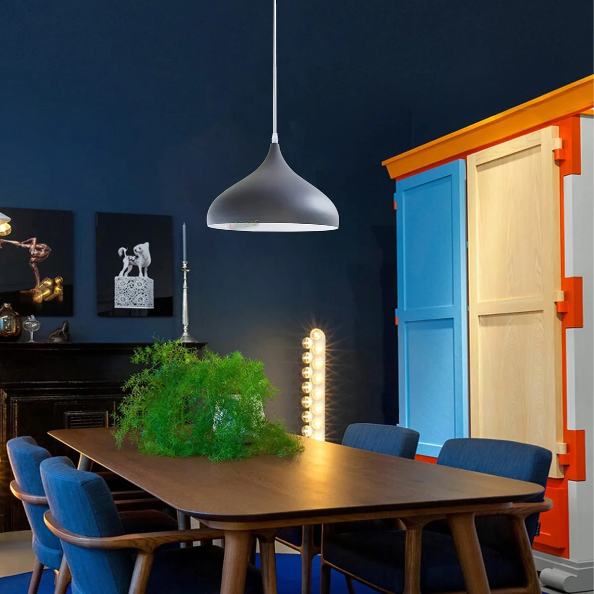 Two vintage metal ceiling light with curved dome shades in colourful finish hanging from the ceiling.