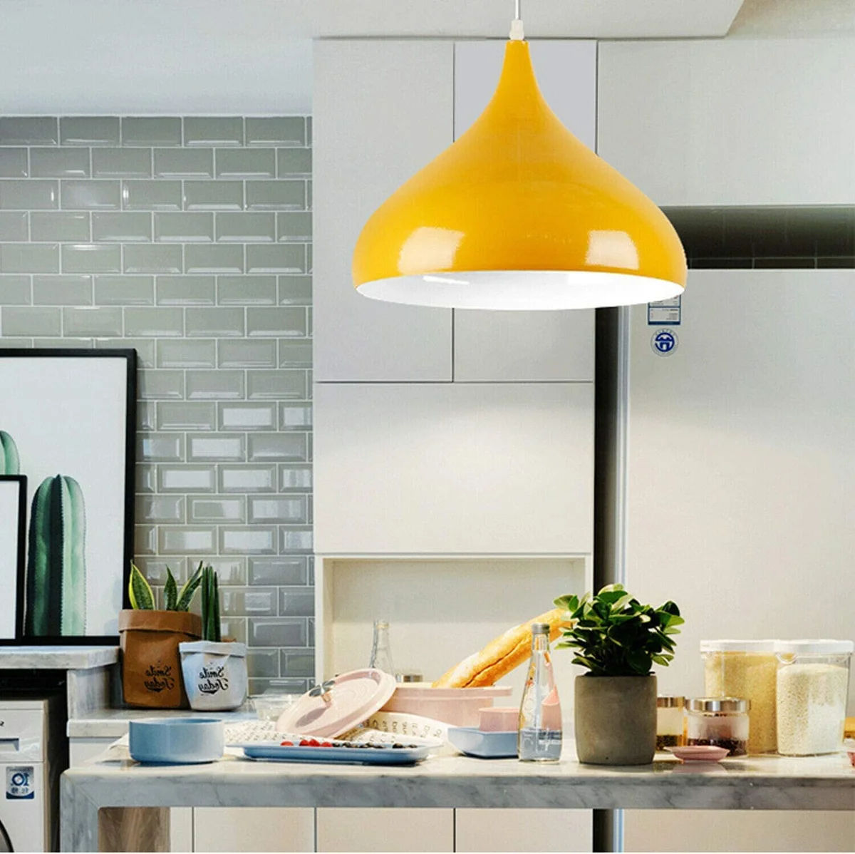 Dimmable pendant lamp set: two vintage-style metal fixtures with curved dome shades and colourful finish, hanging from ceiling.