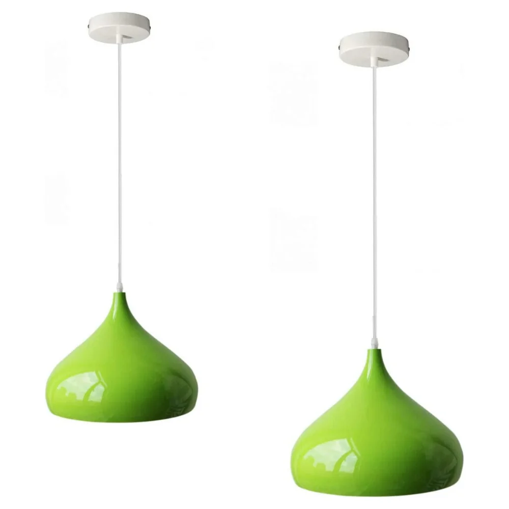 Two industrial vintage chandeliers with curved dome shades in colourful finish, metal frames, and E27 base holders.