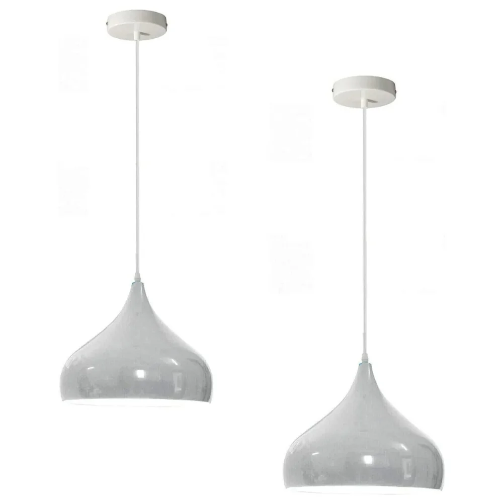 Industrial vintage chandelier set: two metal pendants with curved dome shades, colourful finish, hanging from ceiling