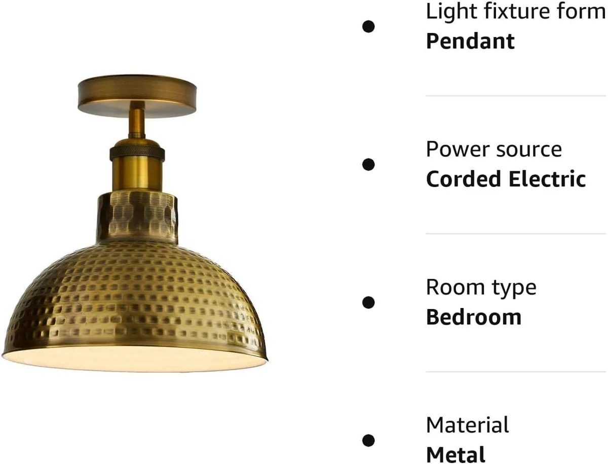 Industrial modern semi flush mount light with hammered metal dome shade in rustic vintage style, 26cm diameter