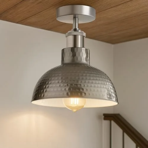 Vintage style ceiling light with hammered metal dome, semi-flush mount, and reflective interior for warm down-lighting