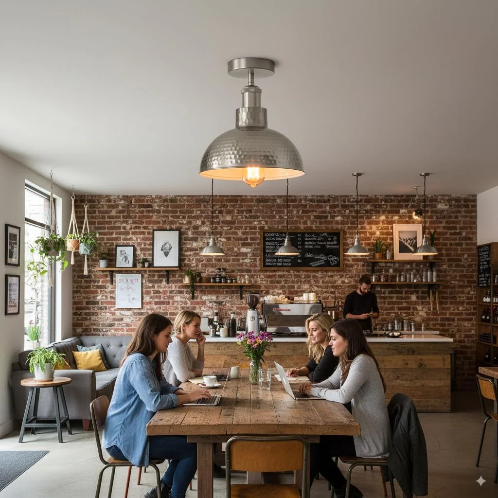 Industrial ceiling light with hammered metal dome, semi-flush mount, vintage style, 26cm diameter, down-light design