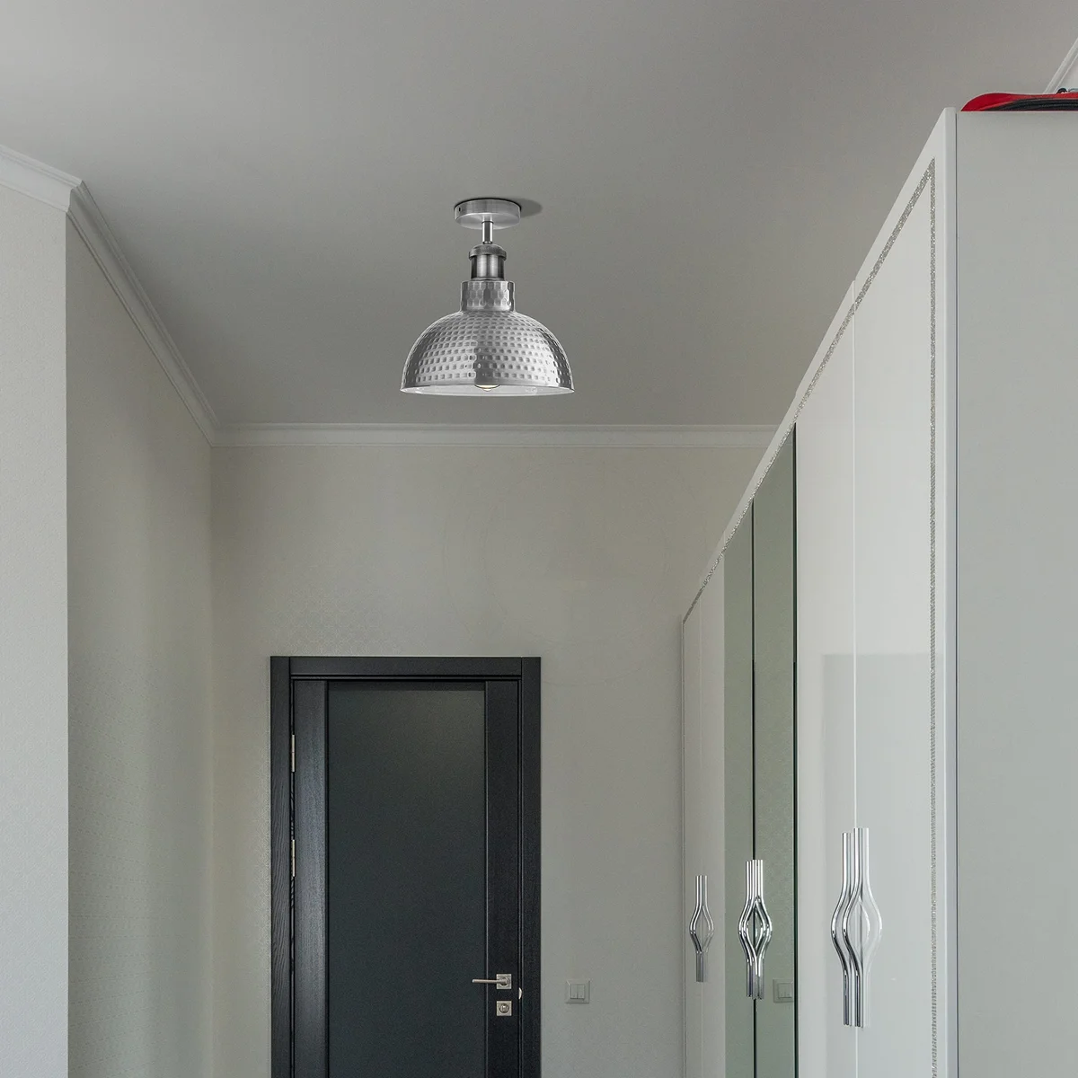 Industrial ceiling light with hammered metal dome shade, semi-flush mount, vintage-inspired design, 26cm diameter