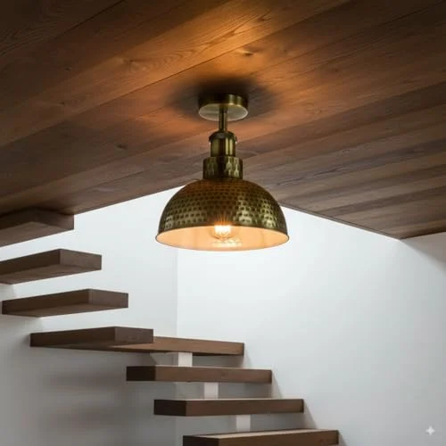 Industrial ceiling light with hammered metal dome shade, semi-flush mount, vintage-inspired industrial style, 26cm diameter