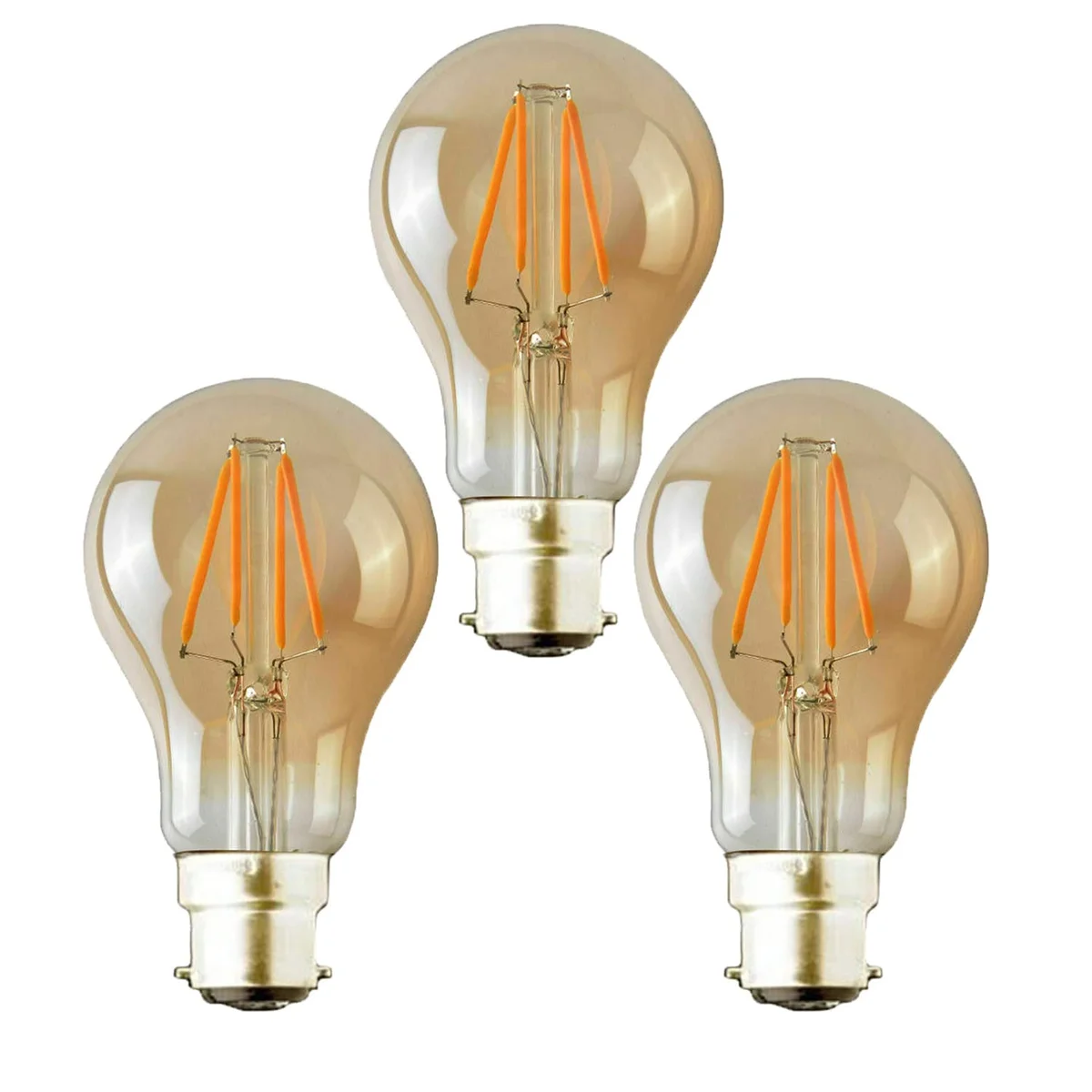 Three non-dimmable LED bulbs with B22 bayonet caps and vintage amber filament design on a white background