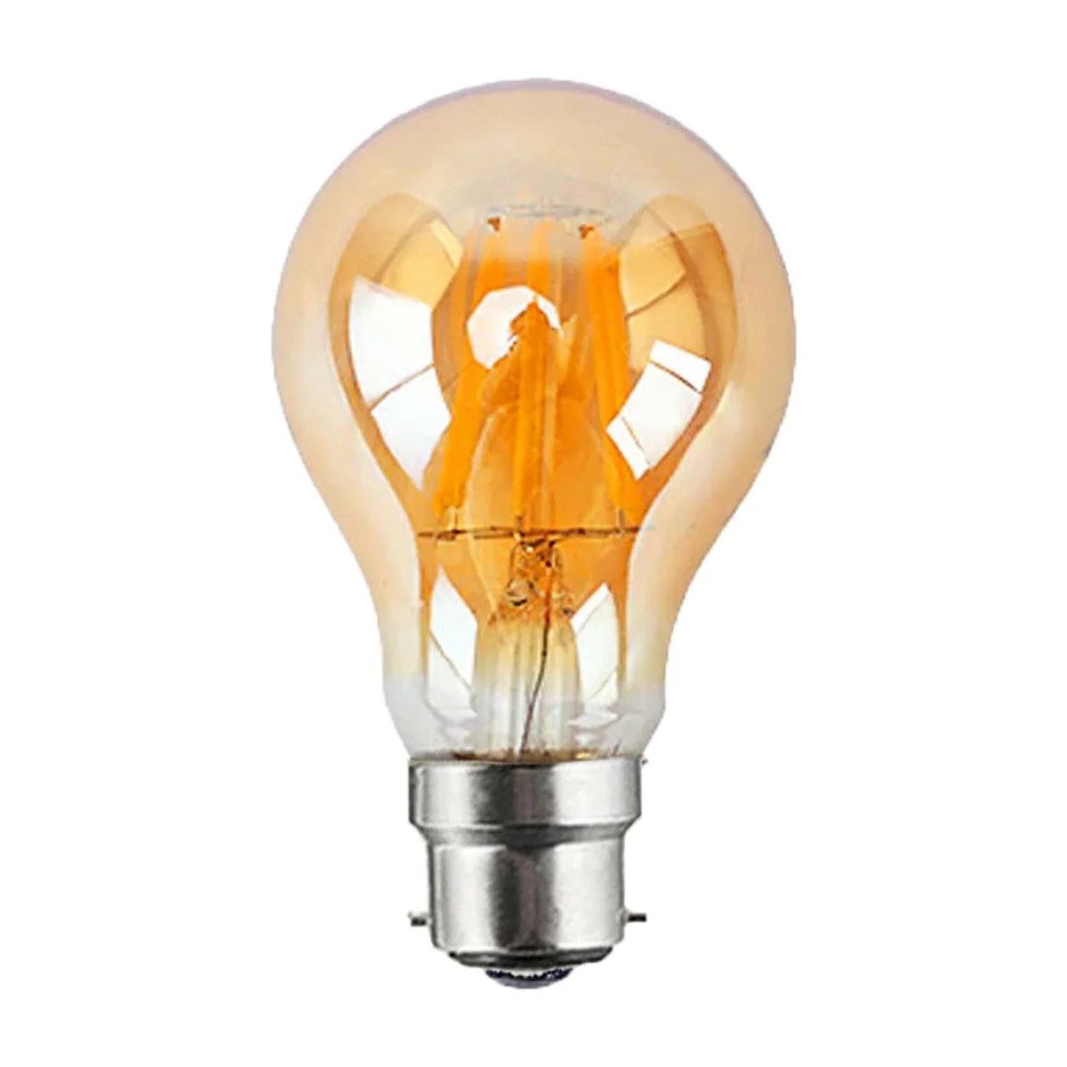 Three B22 A60 energy saving LED bulbs with vintage filament design glowing warm white light on a white background