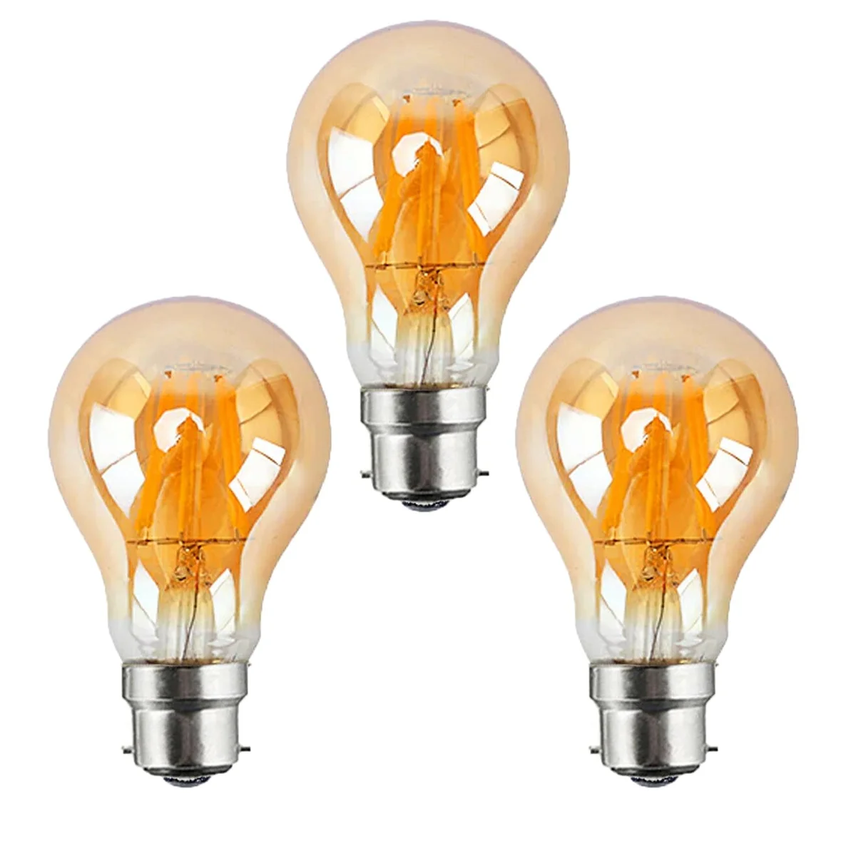 Three B22 energy saving LED bulbs with vintage filament design glowing warmly against a dark background