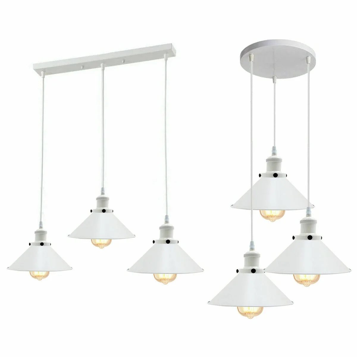 Industrial vintage ceiling light with three white metal cages and adjustable 95cm PVC cables hanging from ceiling plate