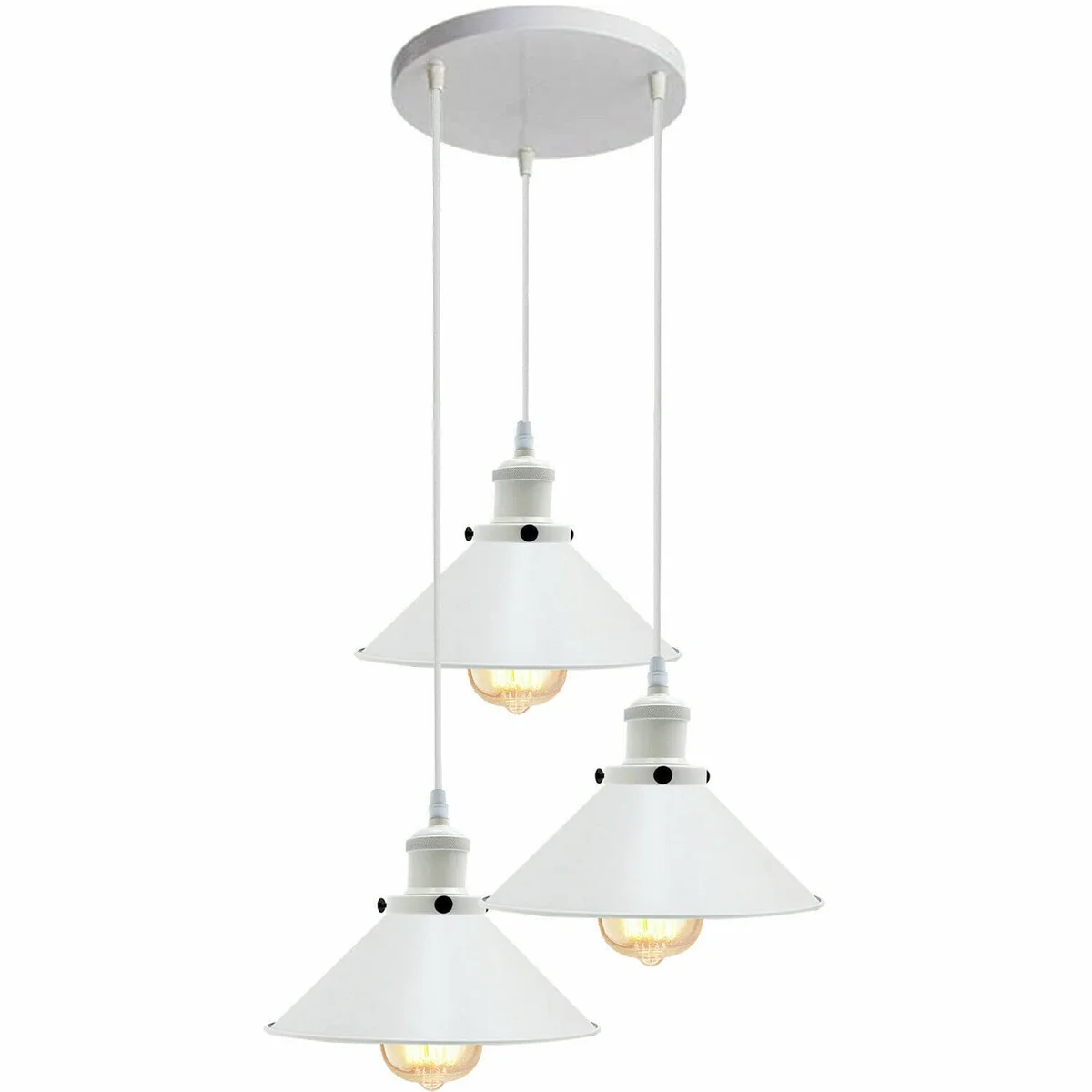 White industrial vintage LED ceiling light fixture with three adjustable hanging cables and metal light cages