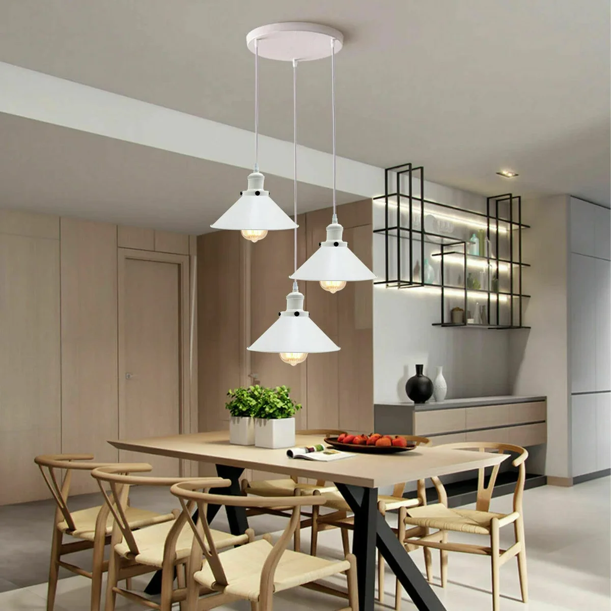 White industrial vintage E27 ceiling lamp with three adjustable hanging cables and metal light cages on a white background