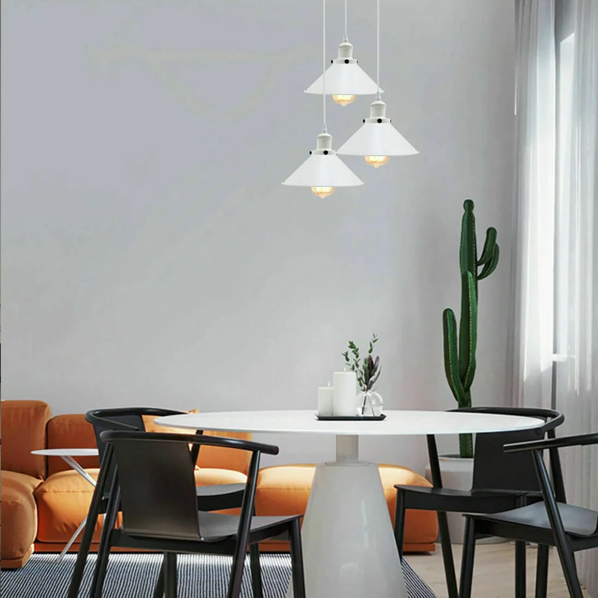 White industrial metal pendant light with three adjustable E27 holders and 95cm PVC cables hanging from ceiling plate