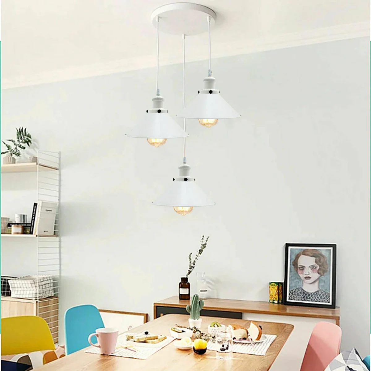 White industrial vintage adjustable hanging light with three E27 lamp holders and 95cm PVC cables on ceiling plate
