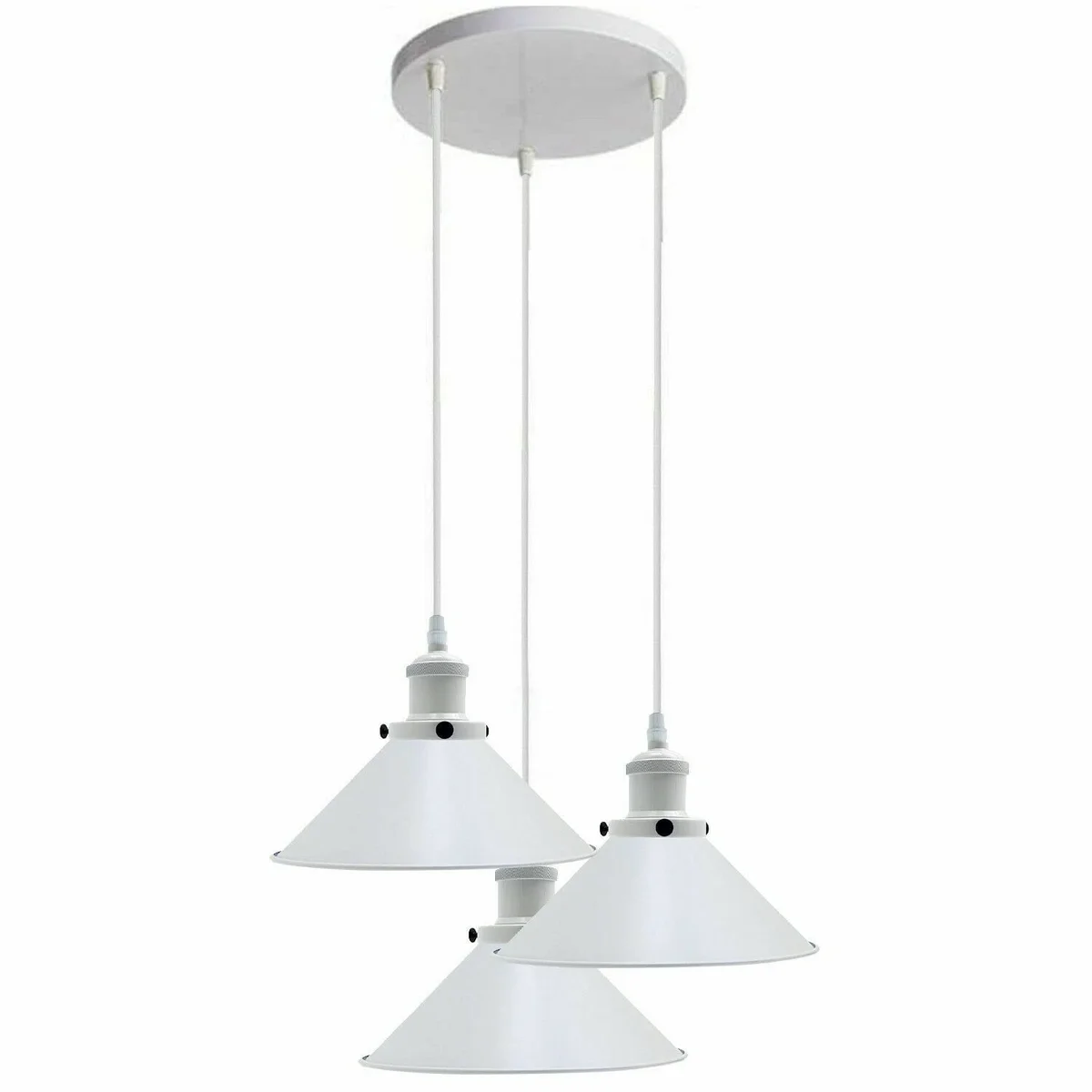 White ceiling light with three adjustable hanging cables, metal cages, and E27 lamp holders in industrial vintage style