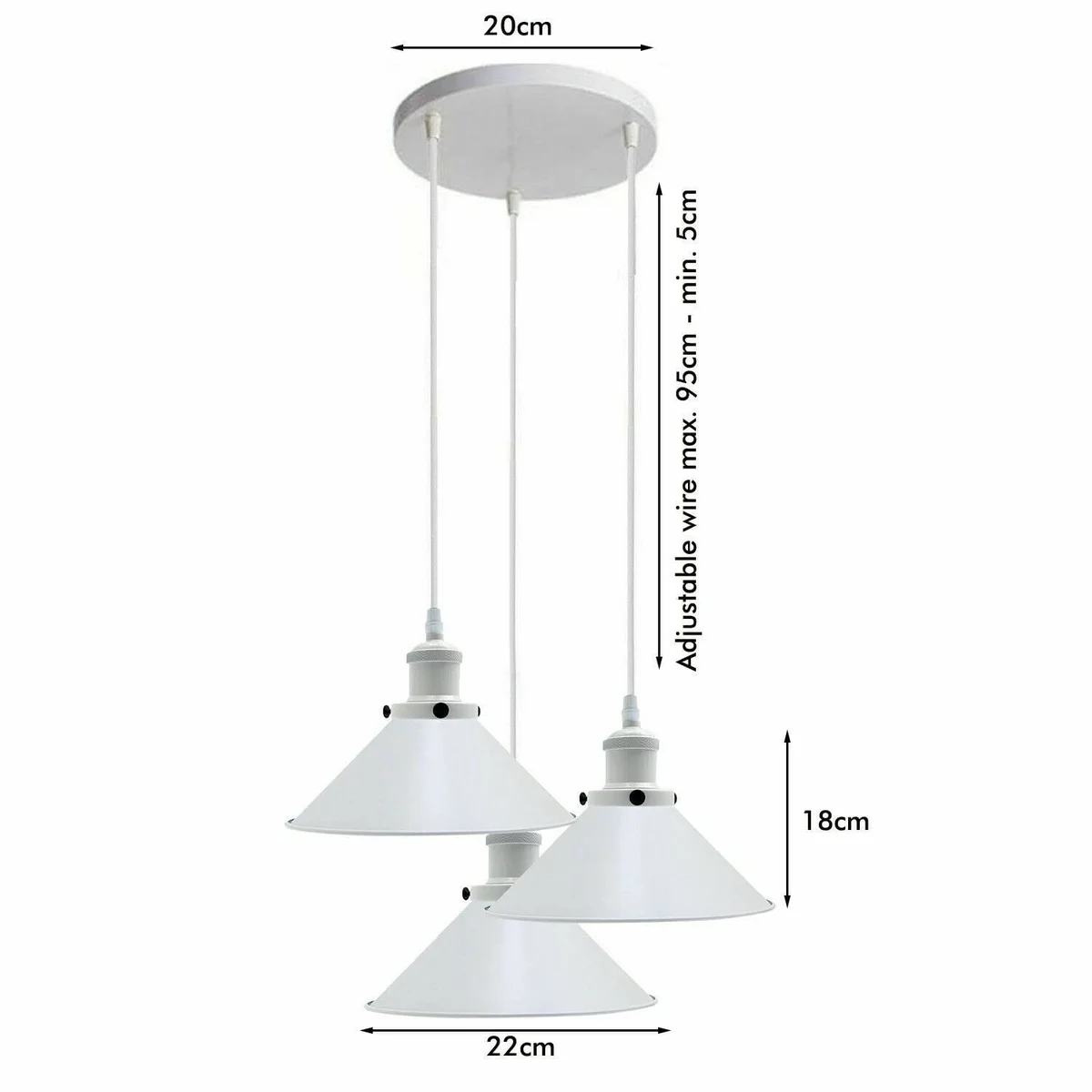White industrial vintage ceiling light fixture with three adjustable hanging cables and metal cage shades on E27 bases