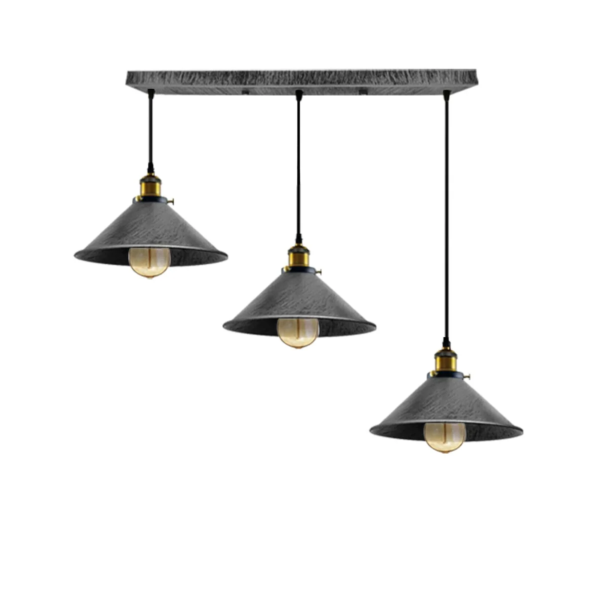 Industrial pendant light with metal frame, PVC cables, 3 adjustable 95cm hangers, lamp holders and shades.