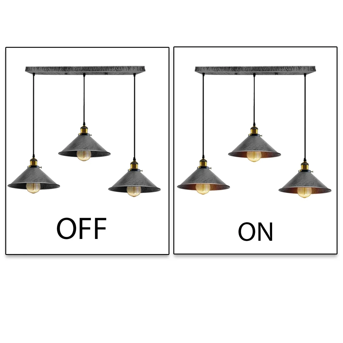 Metal pendant light with three 95 cm PVC cables, metal frame, E27 holders and round shades, hang from 50 cm ceiling plate.
