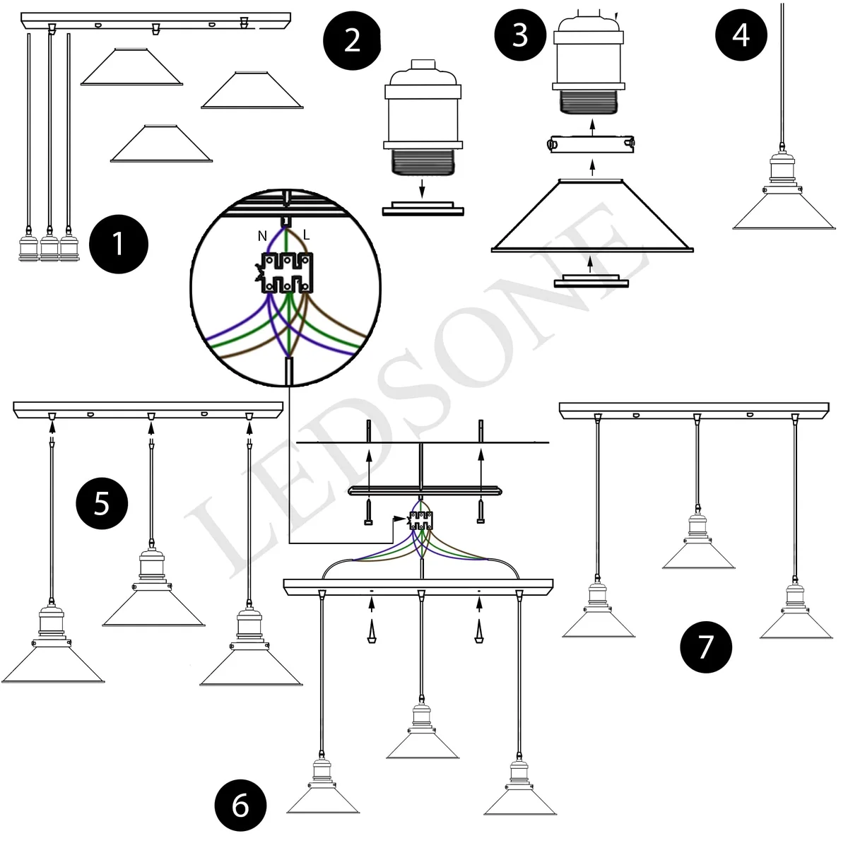 Industrial adjustable pendant lamp with metal frame, 3 E27 holders, 3 capsule shades hanging from a 50cm ceiling plate.